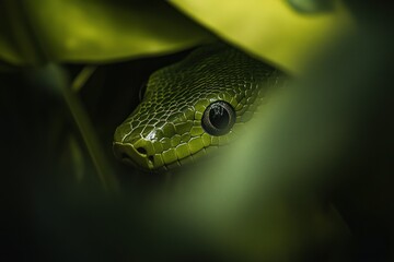Poster - Close-up of a green snake's head peeking from lush foliage.