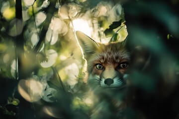 Aufkleber - Red fox peering from lush green foliage, backlit by sunlight.
