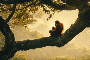 Poster - Orangutan mother and baby sitting on a tree branch at sunrise in a rainforest.