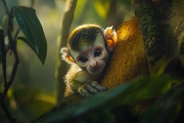 Aufkleber - Adorable baby monkey clinging to its mother in a lush green rainforest.