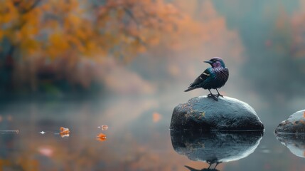 Aufkleber - A vibrant bird perches on a rock in a misty autumnal pond, reflecting in the still water.