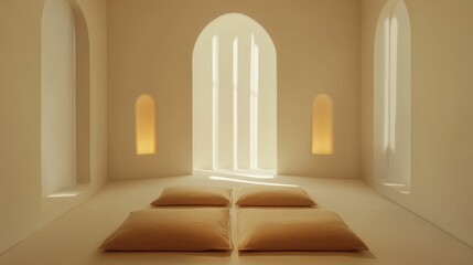 Sticker - Beige room, arched windows, sunlight, four cushions.