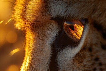 Aufkleber - Close-up of a cheetah's eye at sunset, highlighting its fur and golden hues.