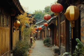 Aufkleber - Charming alleyway with traditional Chinese architecture, lanterns, and autumn foliage.