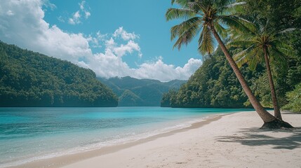 Wall Mural - Tropical beach with palms, turquoise bay, lush hills, sunny sky.