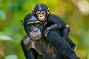 Aufkleber - A chimpanzee mother carries her baby on her back in a lush green forest.