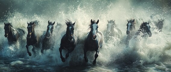 Poster - Herd of horses running through water, splashing and creating waves.