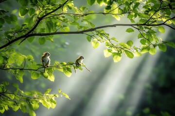 Poster - Two small monkeys sitting on a tree branch in sunlight, surrounded by lush green leaves.