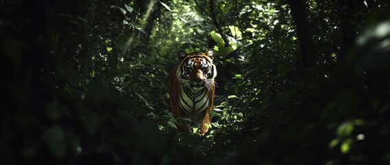 Poster - Majestic tiger hidden in lush green jungle foliage, sunlight filtering through leaves.