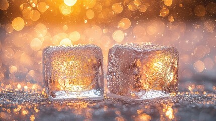 Two ice cubes melting on glitter, golden bokeh background.