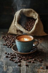 Sticker - Freshly brewed coffee in a white cup surrounded by roasted beans on a wooden table