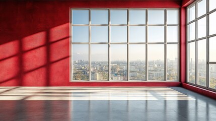 Wall Mural - Red wall room with large window and city view.