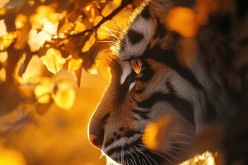 Aufkleber - Close-up profile of a tiger's face, partially hidden behind autumn leaves, bathed in warm golden sunlight.