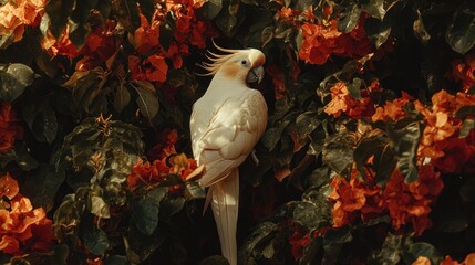 Poster - Sulphur-crested cockatoo perched amidst vibrant orange bougainvillea flowers.
