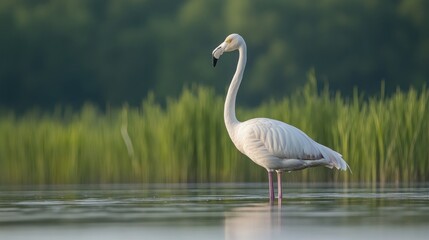 Poster - Elegant white flamingo standing in shallow water, green vegetation background.