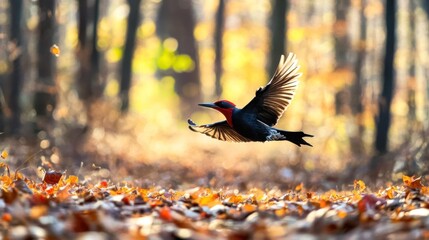 Poster - Red-cockaded woodpecker in flight over autumn leaves.