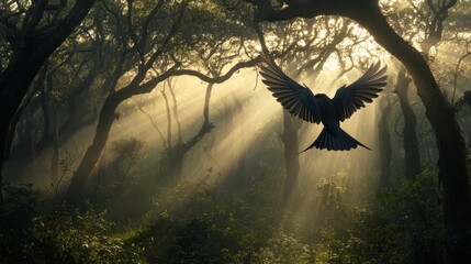 Aufkleber - Majestic bird in flight, silhouetted against sun rays penetrating a mystical forest.