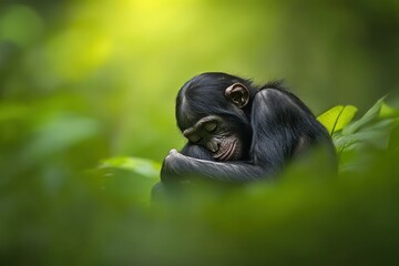 Poster - A young chimpanzee sits nestled amongst lush green foliage, its head bowed in a peaceful pose.