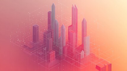 Poster - Isometric illustration of a futuristic city with interconnected buildings and network lines.