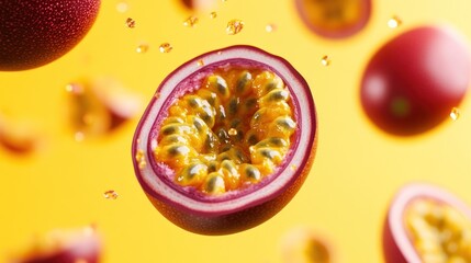 Poster - Halved passion fruit levitates with other passion fruits and juice droplets against a yellow background.