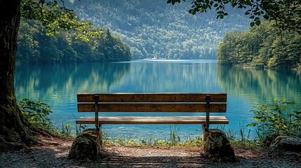 Poster -   Wooden bench by water's edge Boat anchored in the center of the lake