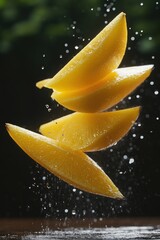 Poster - Four juicy mango slices levitate, splashing water droplets on dark background.