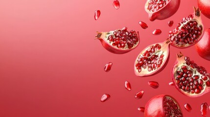 Poster - Falling pomegranates and seeds on red background.
