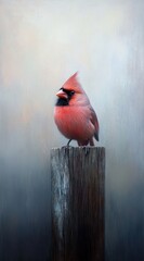 A vibrant red cardinal perched on a weathered wooden post against a soft, blurred background.