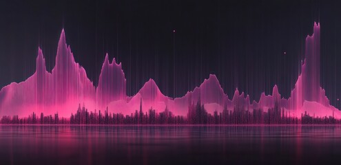 Poster - Pink abstract landscape with digital peaks reflecting on water.