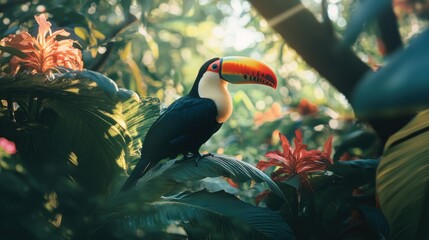 Poster - Vibrant toucan perched on lush green leaves amidst tropical flowers.