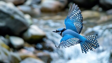 Poster - Blue jay in flight over a rocky stream.