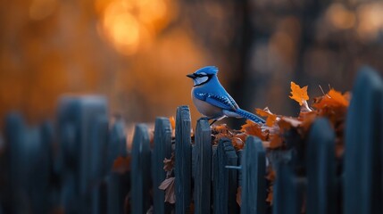 Poster - Blue jay perched on a rustic wooden fence amidst autumn leaves.