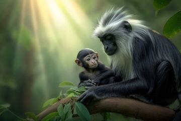 Poster - A black and white colobus monkey mother tenderly cradles her infant on a tree branch, bathed in sunlight filtering through the lush green forest canopy.