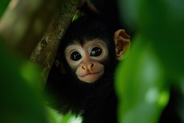 Poster - Adorable baby monkey peeking from lush green foliage. (2)