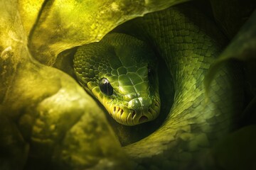 Poster - Close-up of a green snake hidden in lush green foliage, its head slightly visible.