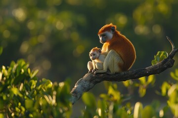 Poster - Red-shanked douc langur mother tenderly cradles her infant on a tree branch in dappled sunlight.