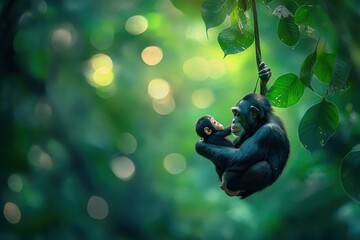 Poster - Bonobo mother cradles her baby while hanging from a tree branch in a lush green rainforest.