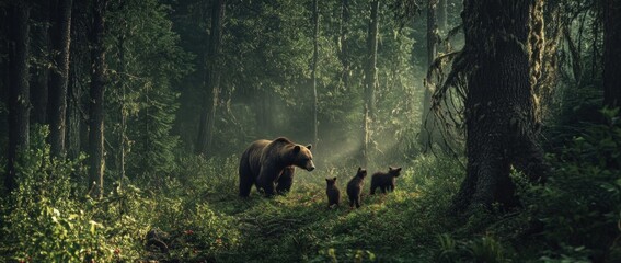 Poster - Mother brown bear and cubs in a misty forest.