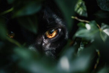 Poster - Close-up of a black cat's intense golden eyes peering through lush green foliage.
