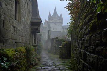 Aufkleber - Misty cobblestone path leading to a medieval castle in a foggy town.