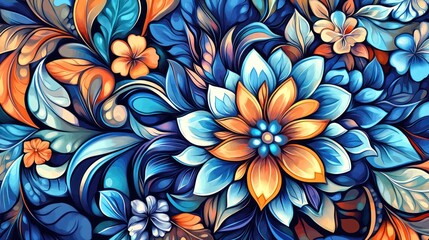 Poster - Vivid floral pattern with blue, orange, and white flowers and leaves.