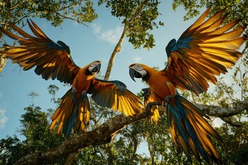 Aufkleber - Two vibrant macaws with wings spread, perched on a branch against a bright sky.
