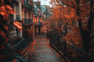 Poster - Autumnal Parisian street scene; wet cobblestone path lined with colorful foliage and classic architecture.