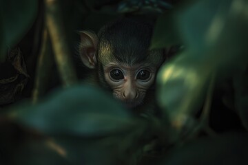 Poster - Adorable baby monkey peeking from lush green foliage. (4)
