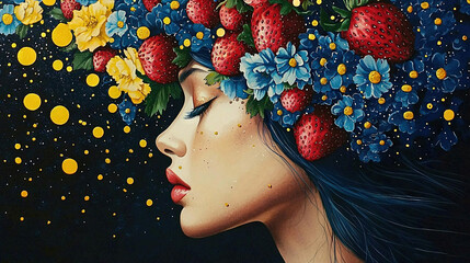 Sticker -   A portrait of a woman adorned with strawberries and daisies on her head and flowers in her hair