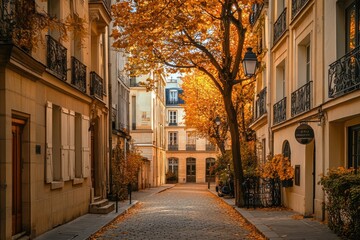 Poster - Autumnal Parisian street scene with colorful leaves and traditional buildings.