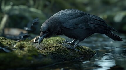 Poster - A large black raven perches on a moss-covered rock beside a stream, looking down.