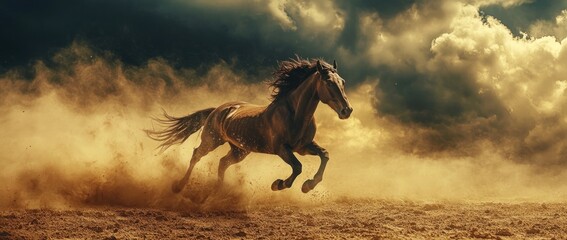 Aufkleber - Majestic brown horse galloping across a dusty field under a dramatic sky.