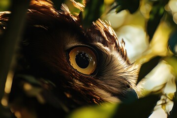 Poster - Close-up of an owl's eye peering through foliage in sunlight.