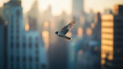 Aufkleber - A bird in flight over a city at sunrise.